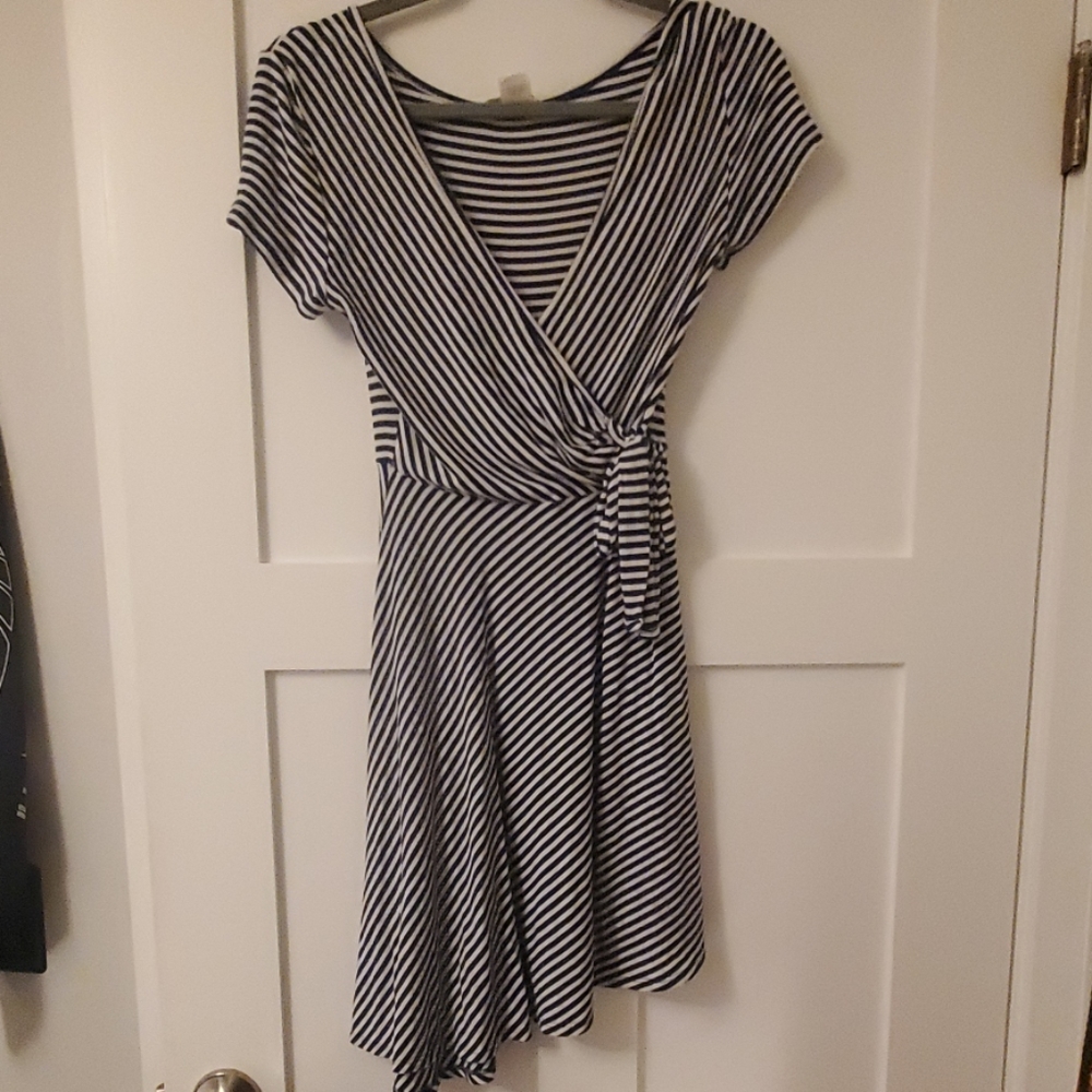 blue and white striped wrap dress